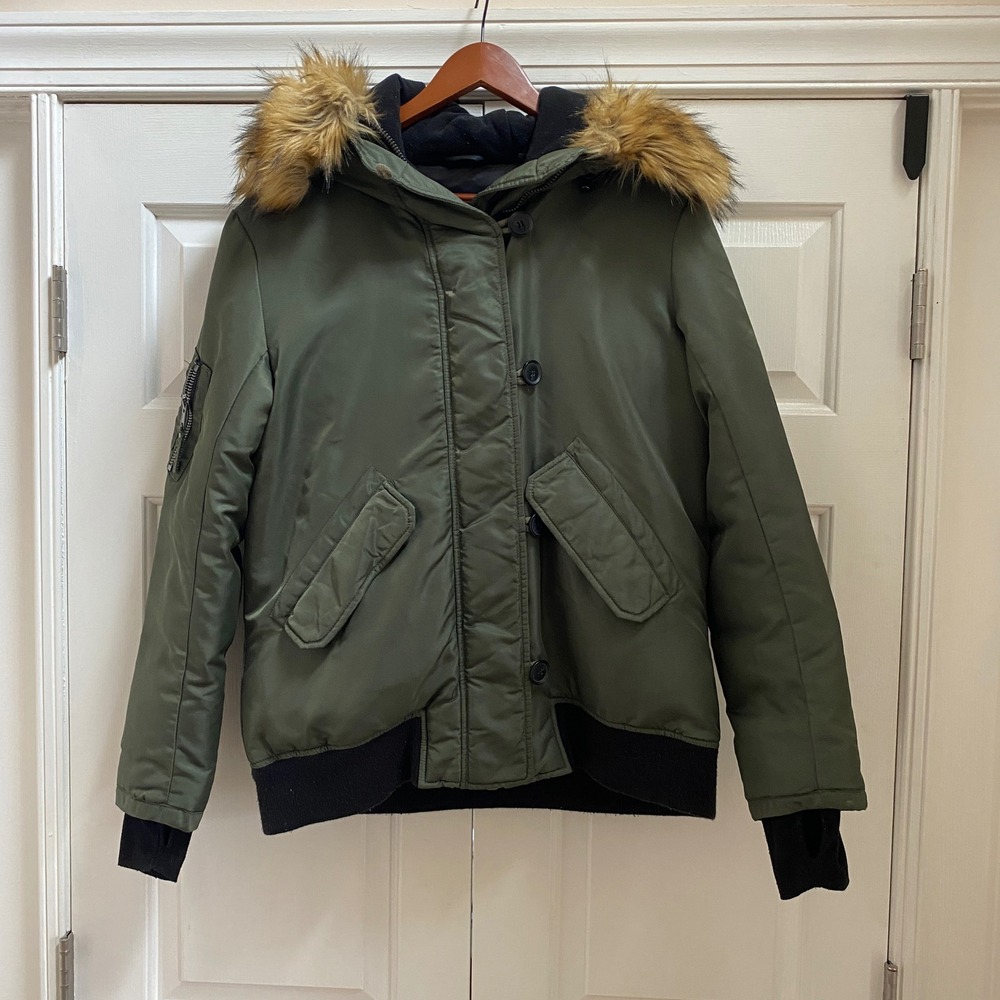 S13 Bomber Jacket Women M Olive Green Duck Feather Down Faux Fur Hooded Gorpcore